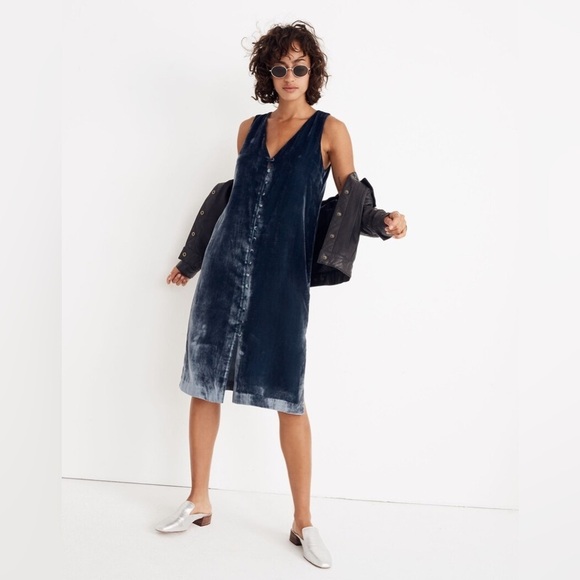 MADEWELL BY JCREW BLUE VELVET BUTTON FRONT MIDI DRESS WITH SIDE SLITS TRENDY - Picture 2 of 13